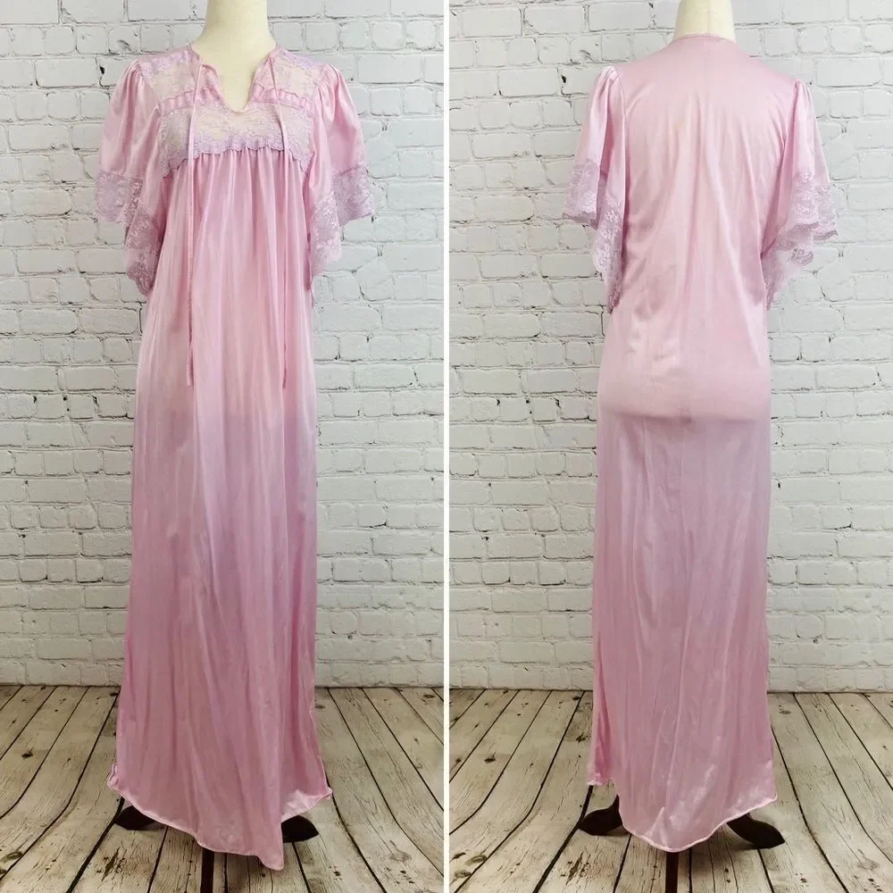 VTG 70s Erica Loren NY Lavender/Pink Satin Peignoir Night Gown